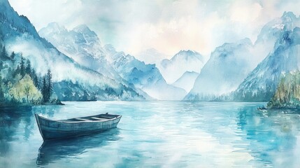 Watercolor seascape painting of a boat in a bay surrounded by mountains