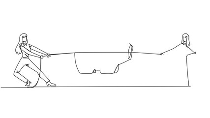Poster - self drawing animation of continuous one line drawing two businesswomen fighting over piggy bank. co