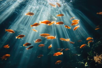 Wall Mural - Orange Fish Swimming Through Sunbeams in Dark Water