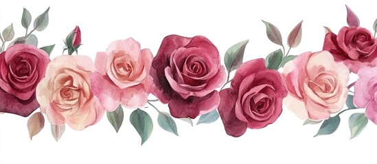 Wall Mural - Watercolor rose flowers floral frame border suitable for greeting cards invitations and various print designs Isolated on white background Hand drawn illustration