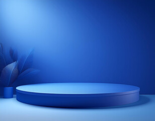 3D blue podium stand with circle glass backdrop is perfect for modern interior concept product display mockups. The stand is set on a floor and soft blue 