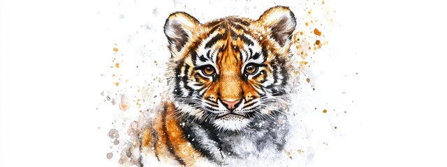 Wall Mural - Watercolor style greeting card featuring an adorable tiger for Christmas and New Year celebrations