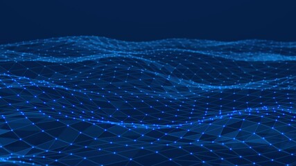 Poster - Dynamic wave with many dots. Abstract motion background of colored dots. Technology or science. 3d rendering Seamless loop. 4K	