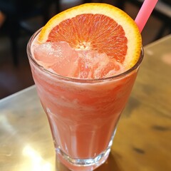 Sticker - A refreshing pink grapefruit smoothie with ice and a slice of grapefruit on top.