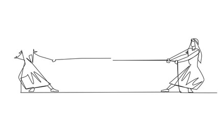 Poster - animation of single one line drawing two arabian businessmen fighting over a piggy bank. fighting ea