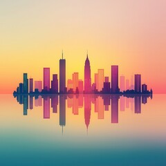 Wall Mural - Cityscape Silhouette Reflection at Sunset.