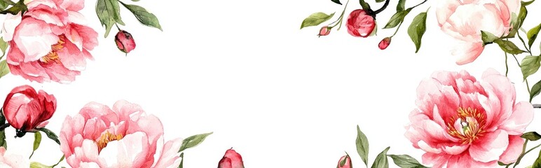 Wall Mural - Watercolor pink peony blooms within a circular floral border