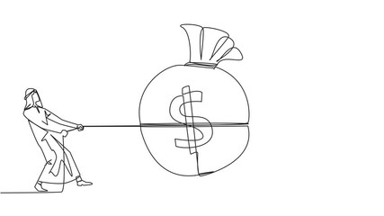 Poster - animated self drawing of continuous one line drawing two arabian businessmen fighting over a money b