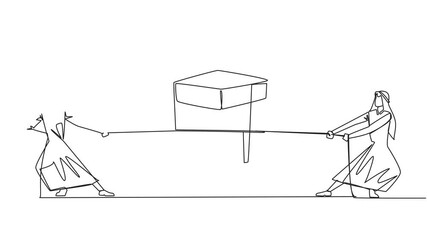 Poster - animated self drawing of single one line drawing two arabian businessmen fighting over a gift box. s