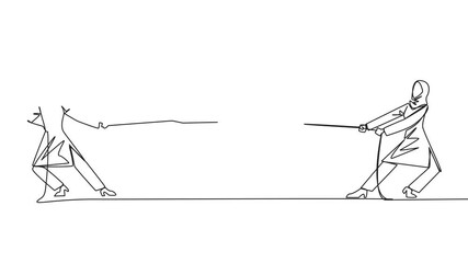 Poster - animated self drawing of continuous one line drawing two arabian businesswomen fighting over a piggy