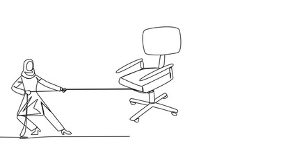 Wall Mural - Self drawing animation of single continuous line drawing two Arabian businesswomen fighting over an office chair. The fight for the highest position in office. Doing business. Full length animated