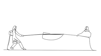 Poster - animated self drawing single one line drawing two arabian businesswomen fighting over dollar symbol.