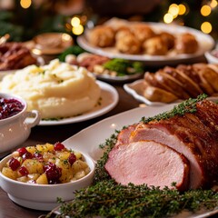 Poster - A roasted ham with cranberry sauce, mashed potatoes and other side dishes set on a table with Christmas lights in the background.