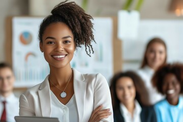 Successful cheerful black businesswoman presenting growth statistics to diverse conference meeting members in light office with graphs and charts smiling at camera