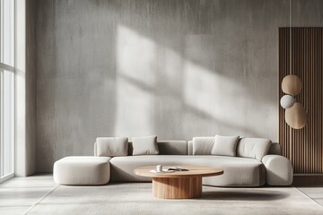 Poster - An interior design of a modern living room with a grey sofa against a concrete tiled wall.