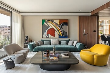 Poster - This living room interior includes yellow recliners and chairs near the blue tufted sofa. It is a Scandinavian, mid-century design.