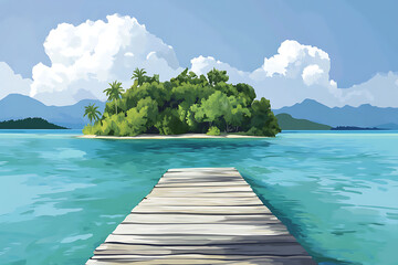 Wall Mural - A serene tropical landscape featuring a wooden pier leading to a lush island surrounded by water.