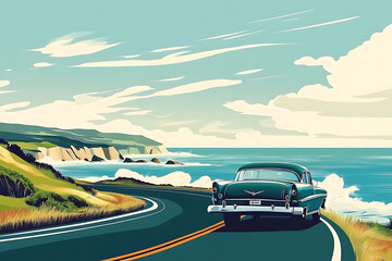 Wall Mural - A vintage car driving along a coastal road with scenic ocean views and rolling hills.