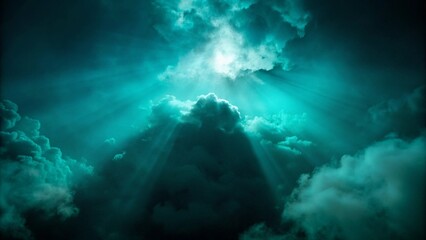 Wall Mural - Dark background, dark clouds, light rays shining through the smoke, turquoise color, green fog
