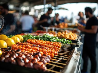 Vibrant Outdoor Food Market with Grilled Skewers and Fresh Produce in a Bustling Atmosphere