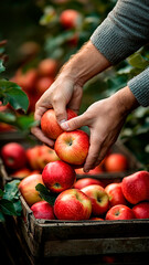 primer plano de unas manos recogiendo manzanas de un árbol en un huerto, con cestas de manzanas reci