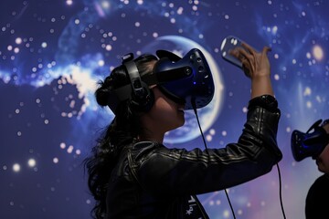 Wall Mural - A woman wearing a virtual reality headset is playing a game