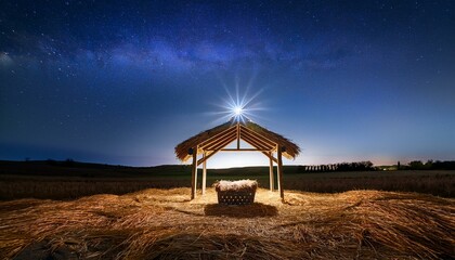 Manger Under the Starlight
A minimalist setting with the manger placed in an open field under the vast night sky.