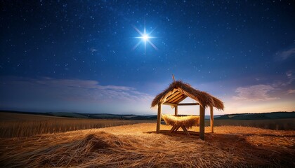 Manger Under the Starlight
A minimalist setting with the manger placed in an open field under the vast night sky.