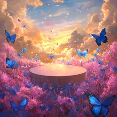 Sticker - A round platform in a field of pink flowers with blue butterflies flying towards a sunset sky.