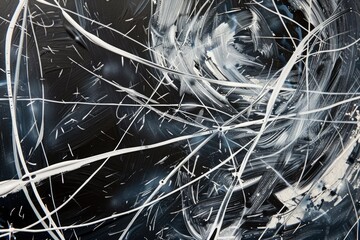 A painting of a black and white swirl with white paint