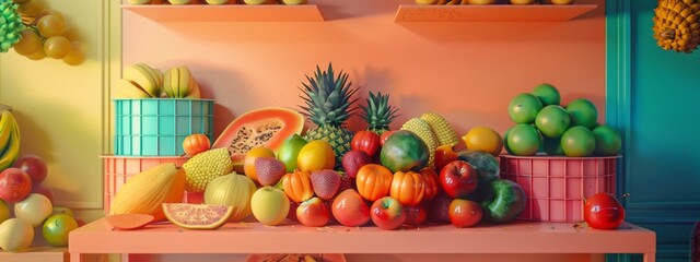 Wall Mural - Colorful tropical fruit display in a bright kitchen