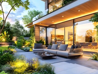 Wall Mural - Modern Patio with Outdoor Furniture and Garden View.