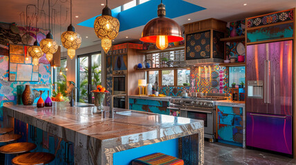 Wall Mural - a bohemian-style kitchen with eclectic lighting and bold colors