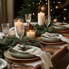 Sticker - A rustic Christmas table setting with green plates, white napkins, pine boughs, and candles.