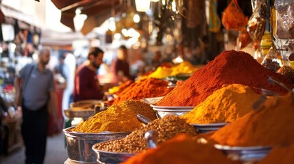 A bustling Moroccan spice market where culinary tourists explore the vibrant stalls, inhaling the rich aromas and learning about the diverse spices and ingredients used in local cuisine