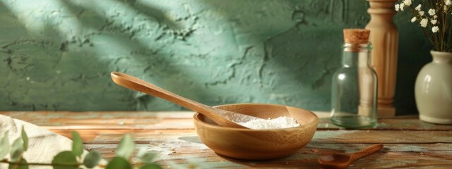 Wall Mural - Rustic wooden bowl and spoon with flour on a wooden table