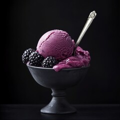 Canvas Print - A scoop of blackberry ice cream in a black bowl with a silver spoon, decorated with fresh blackberries.