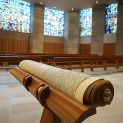 Wall Mural - A scroll on a lectern in a church with stained glass windows in the background.