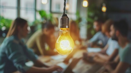  A light bulb hangs over the table in a group of people working together, representing the concept of innovation and creativity. The background is blurred, depicting an office interior.