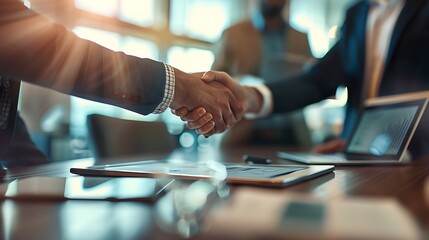 Close-up of business people shaking hands over a table with a laptop and documents in an office, with a blurred background.