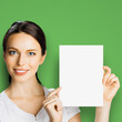 © vgstudio - Happy smile beautiful businesswoman show blank mockup signboard with area for ad slogan text, isolated green chroma key background. Confident business woman hold mock up paper board. Square image