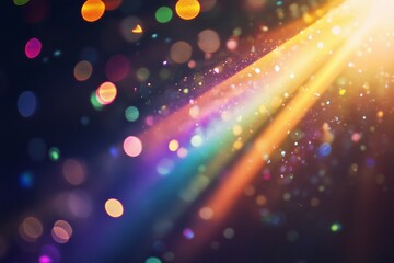 Poster - Colorful light rays filter through a dark space, creating a vibrant display of bokeh at evening time