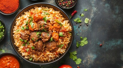 Wall Mural - Top view of bowl with biryani rice and tender meat