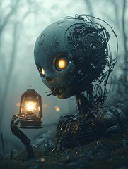 Poster - A spooky robot with skeletal features holds a glowing lantern, guiding the way through a dark, misty forest. The composition includes generous copy space for additional elements.