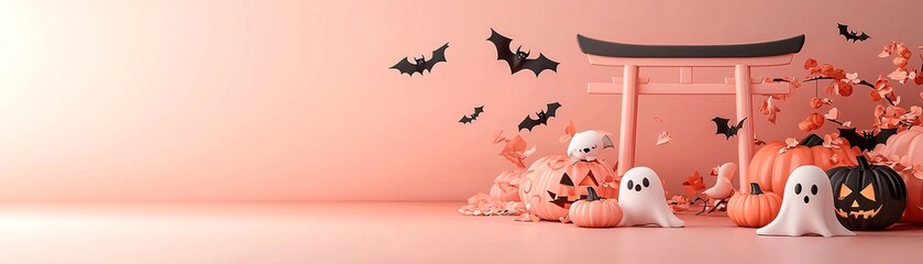 Poster - an adorable scene of kawaii ghosts and bats flying around a japanese torii gate, surrounded by paste
