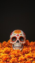 Poster - A close-up of a beautifully painted sugar skull surrounded by marigold petals, set against a dark background that provides plenty of copy space for additional elements.