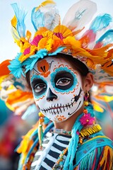 Poster - a colorful dia de los muertos parade scene with participants dressed in traditional attire and paint