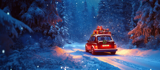 Sticker - Christmas Car Snowy Forest.