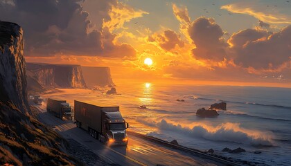 logistics convoy on coastal road with panoramic ocean and cliffs at sunset