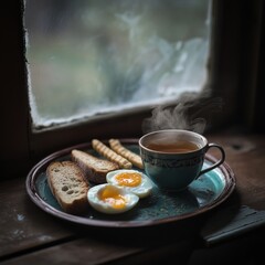 Canvas Print - A simple breakfast of tea, eggs, and bread by a window.